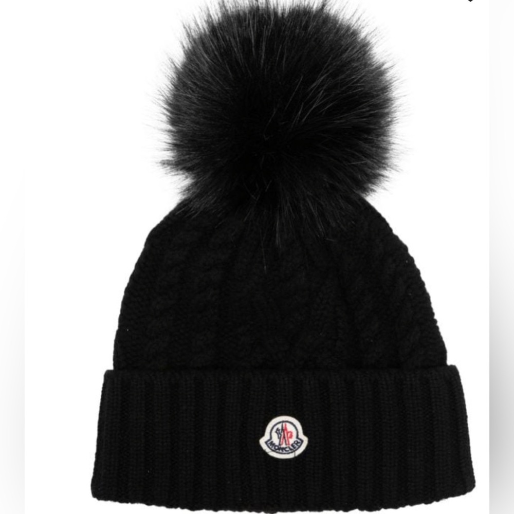 NWT Moncler Unisex Berretto Tricot Rib Beanie with Faux Fur Pompom